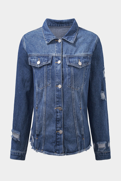 Blue Lapel Distressed Raw Hem Buttons Denim Jacket