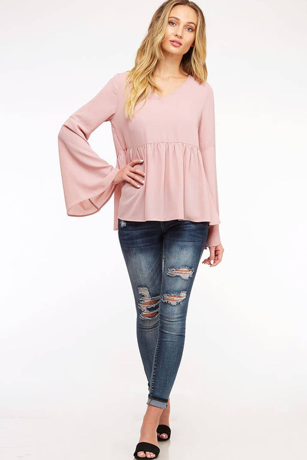 Pink V-Neck Bell Sleeve Back-Tie Ruffled Blouse