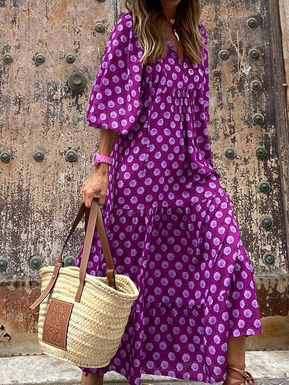 Women's Dresses Geometric Print Puff Sleeve Maxi Dress - LuckyFash™