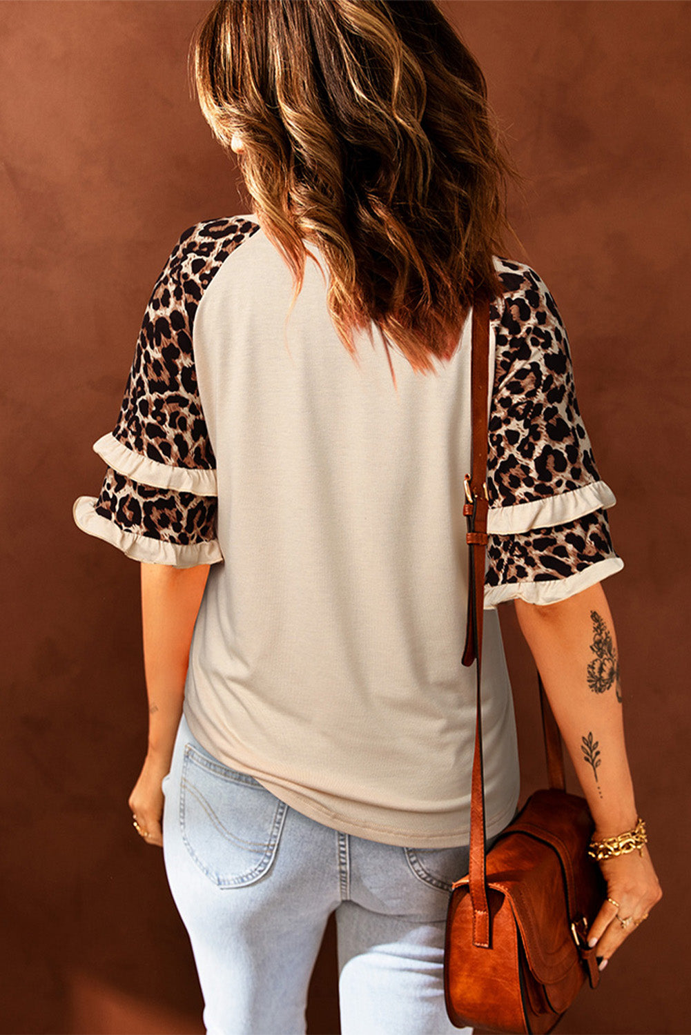 Apricot HOWDY Leopard Print Tiered Ruffled 3/4 Sleeve Tee