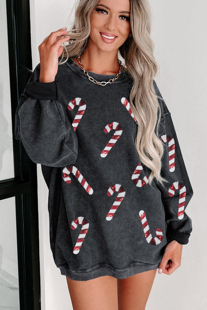 Black Xmas Candy Cane Sequin Graphic Corded Sweatshirt