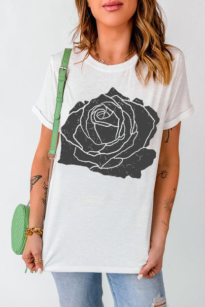 White Large Rose Print Round Neck T Shirt