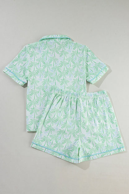 Green Vacation Coco Tree Print Short Sleeve Pajamas Set