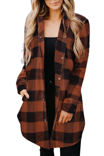 Brown Turn-down Collar Plaid Shirt Coat