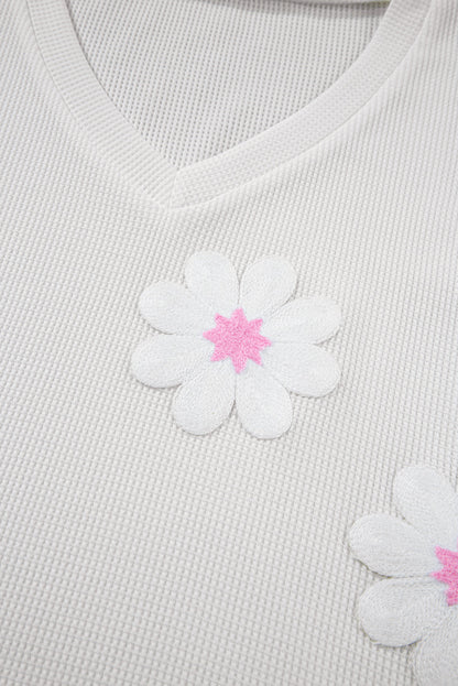 White Flower Applique Texture Knitted V Neck Top