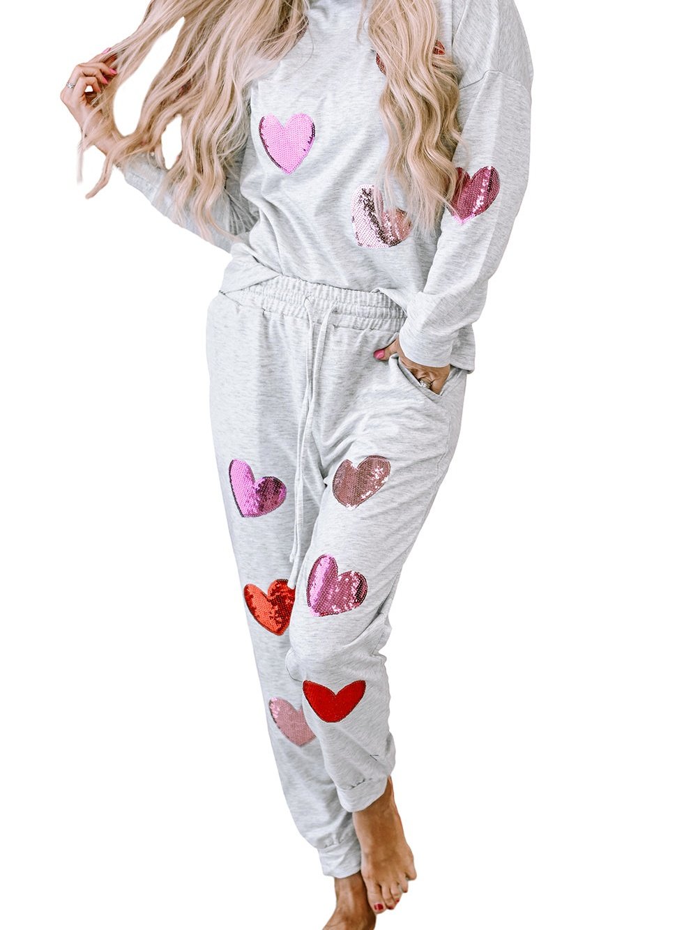 Gray Sequin Heart Pattern Lounge Set for Women