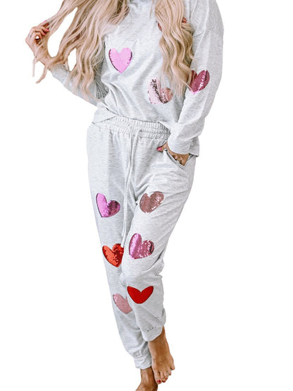 Gray Sequin Heart Pattern Lounge Set for Women