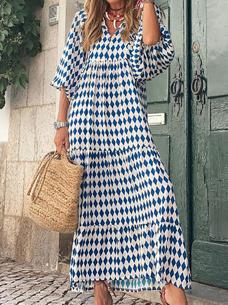 Women's Dresses Geometric Print Puff Sleeve Maxi Dress - LuckyFash™