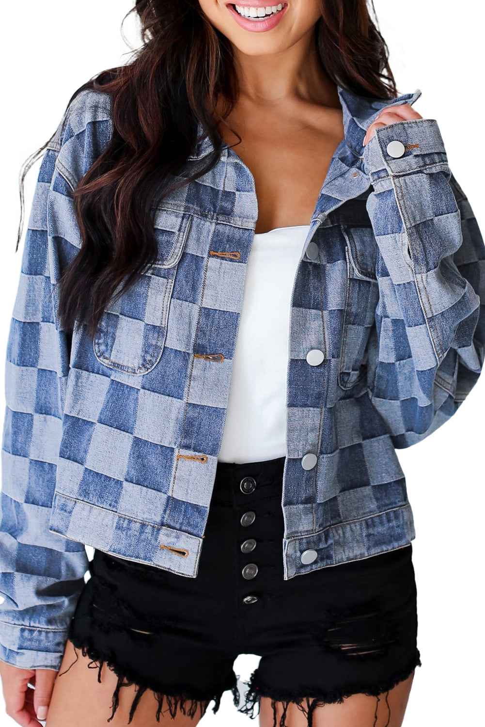 Light Blue Checkered Patchwork Button up Denim Jacket