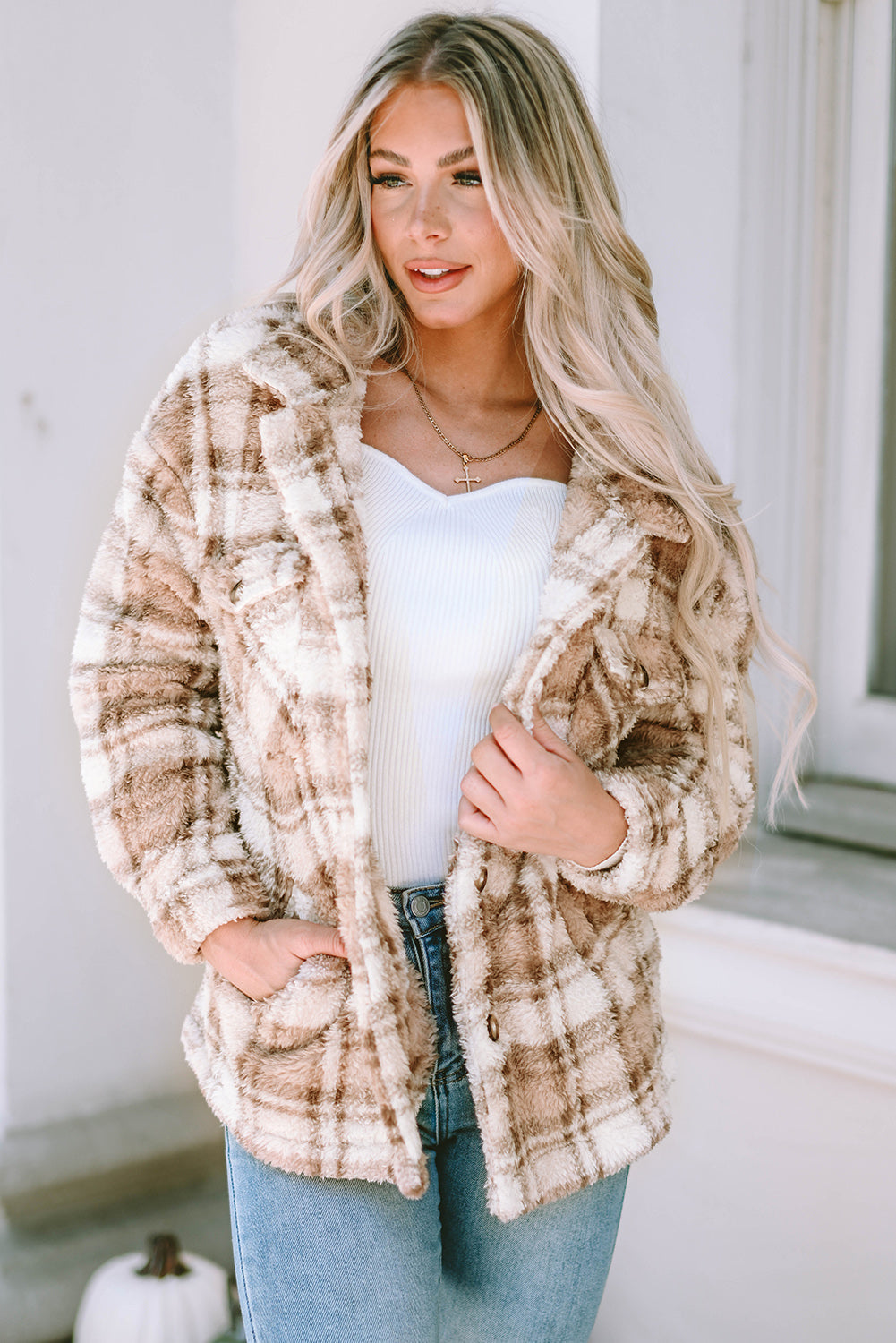 Khaki Sherpa Plaid Button Pocketed Jacket