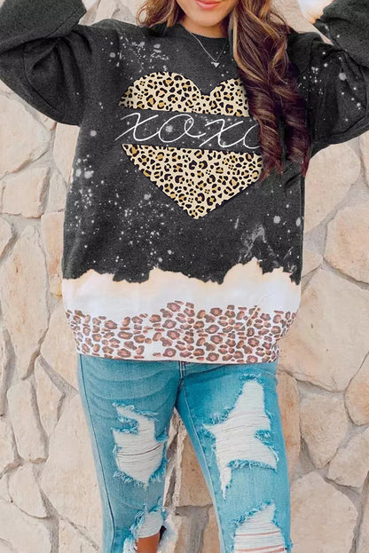 Black XOXO Heart Leopard Splicing Pullover Sweatshirt