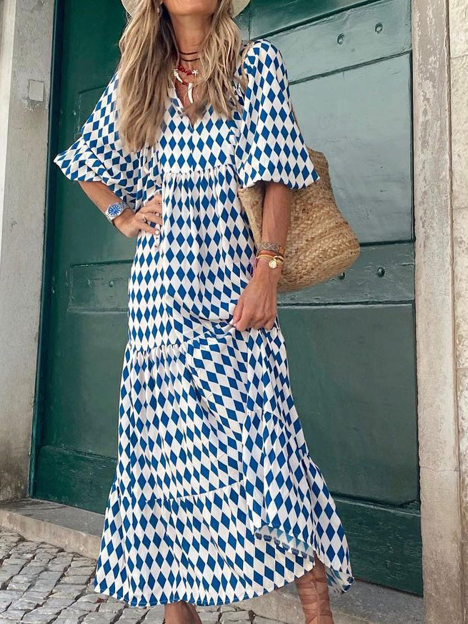 Women's Dresses Geometric Print Puff Sleeve Maxi Dress - LuckyFash™