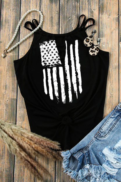 Black American Flag Print Cut Out Spaghetti Strap Tank Top