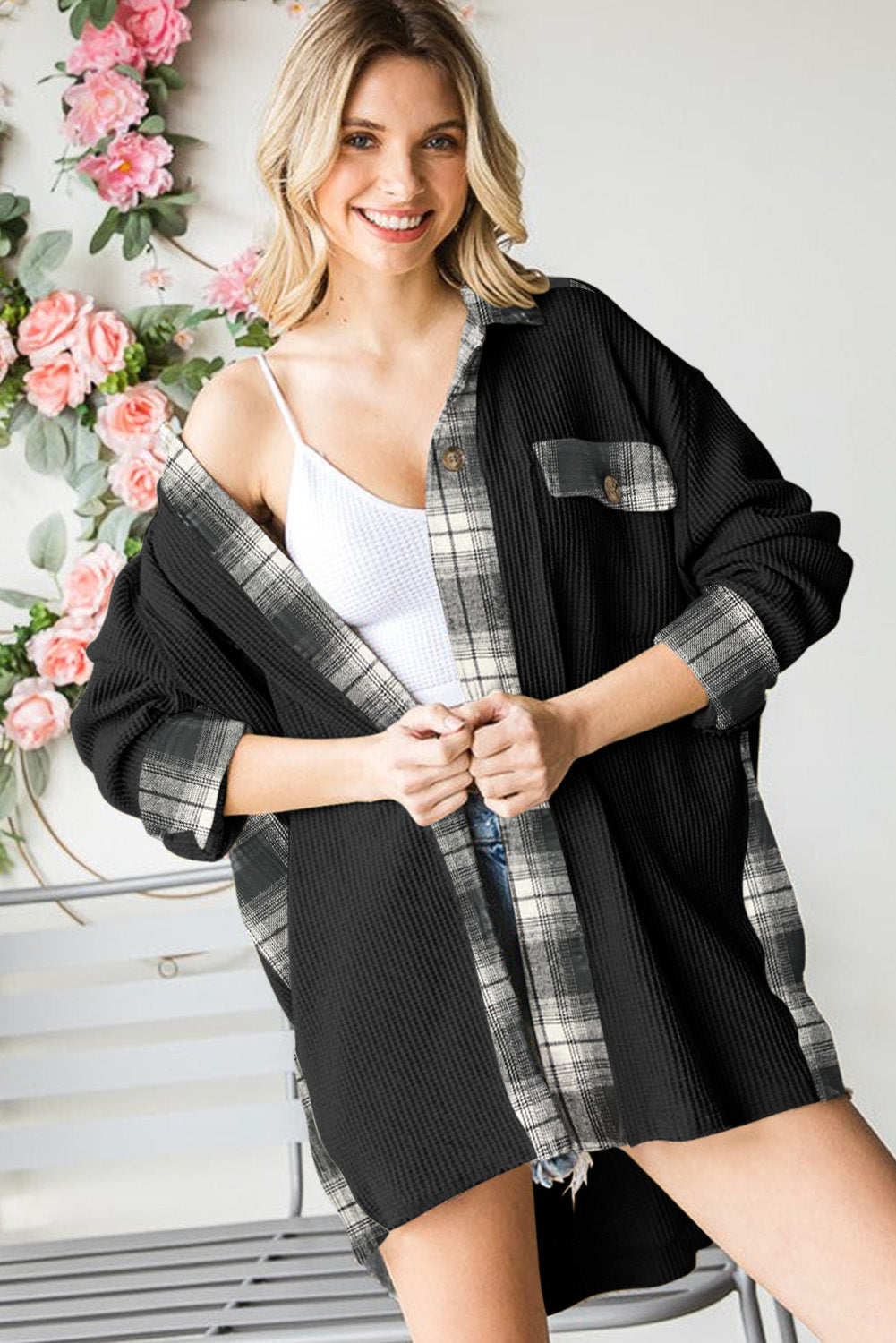 Black Plaid Patchwork Waffle Thermal Knit Shacket