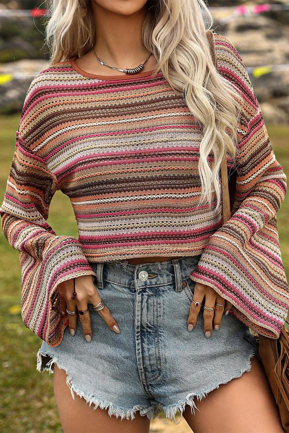 Rose Red Ethnic Striped Wide Cropped Long Sleeve Top