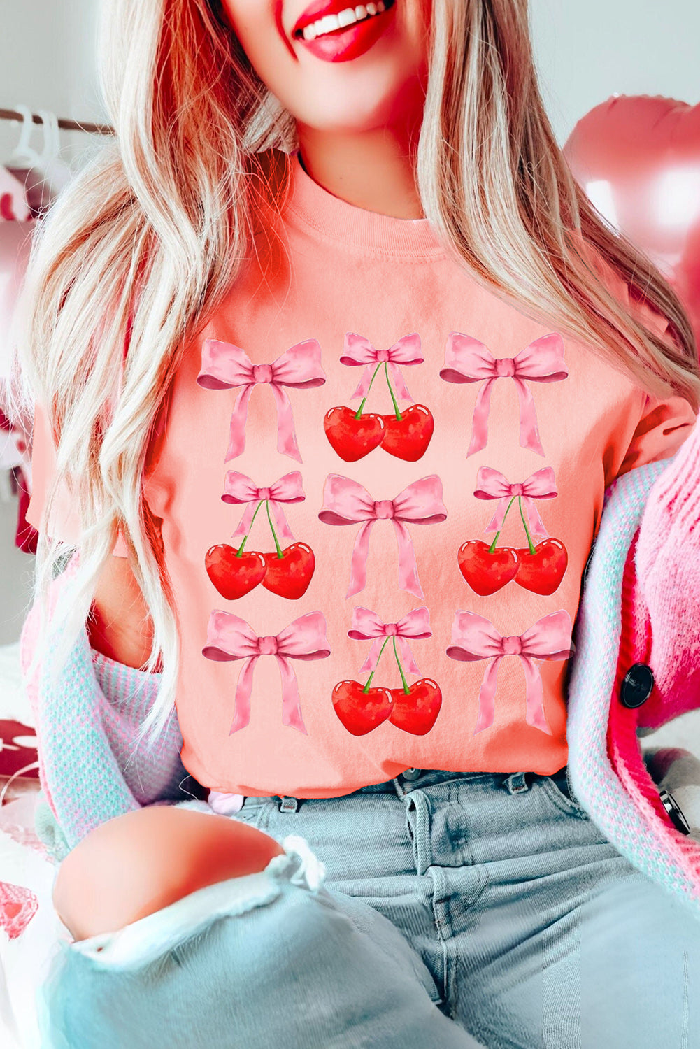 Pink Bow Cherry Print Crew Neck Casual T Shirt