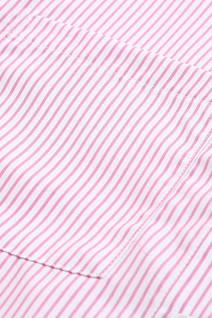 Pink Smocked Cuffed Striped Boyfriend Shirt with Pocket