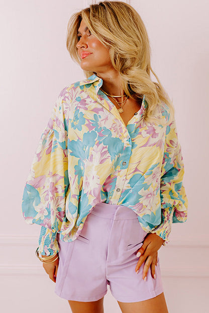 Yellow Floral Allover Print Shirred Cuff Oversized Shirt