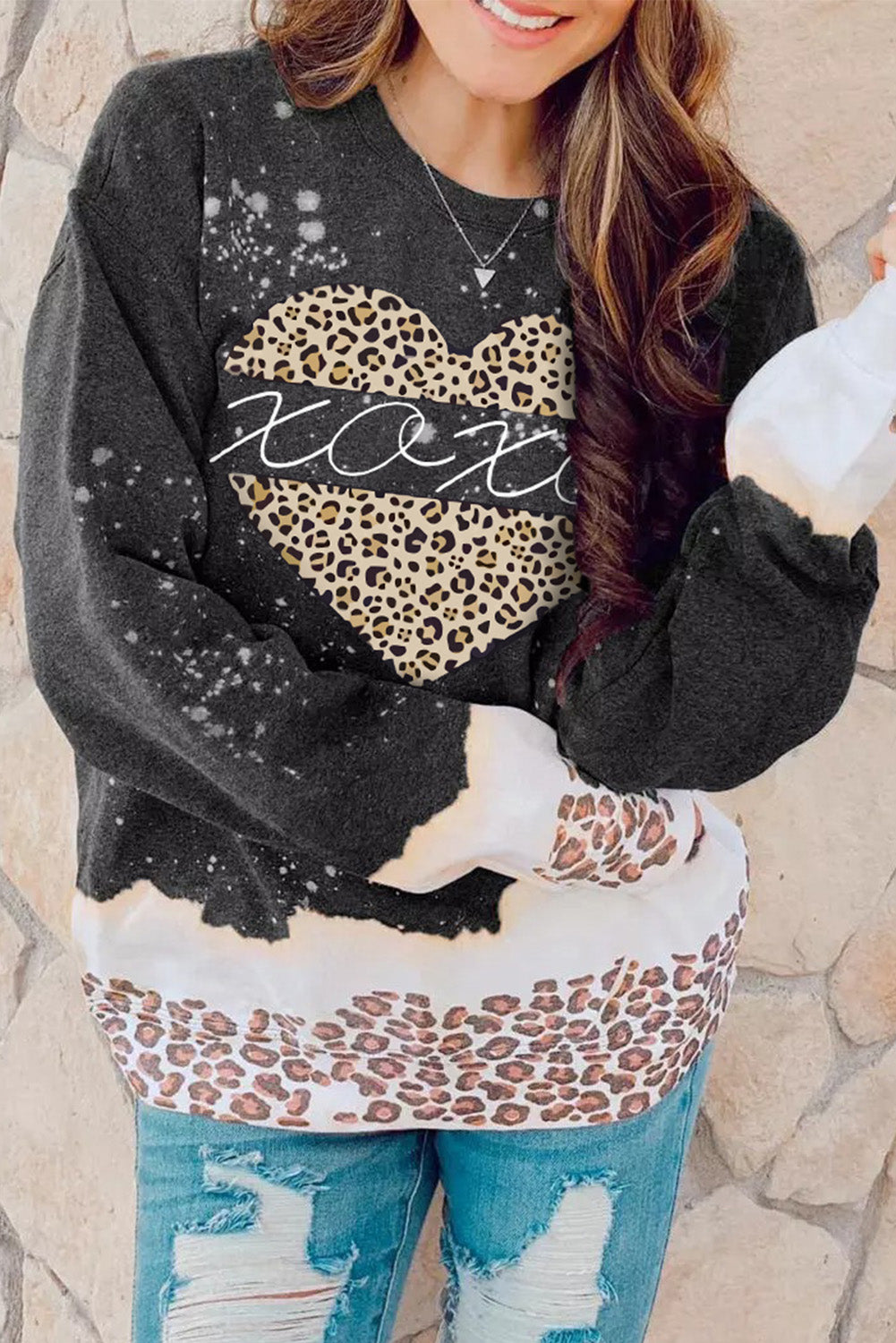 Black XOXO Heart Leopard Splicing Pullover Sweatshirt