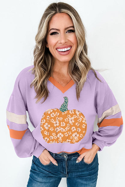 Orchid Bouquet Halloween Floral Pumpkin Color Block V Neck Sweatshirt