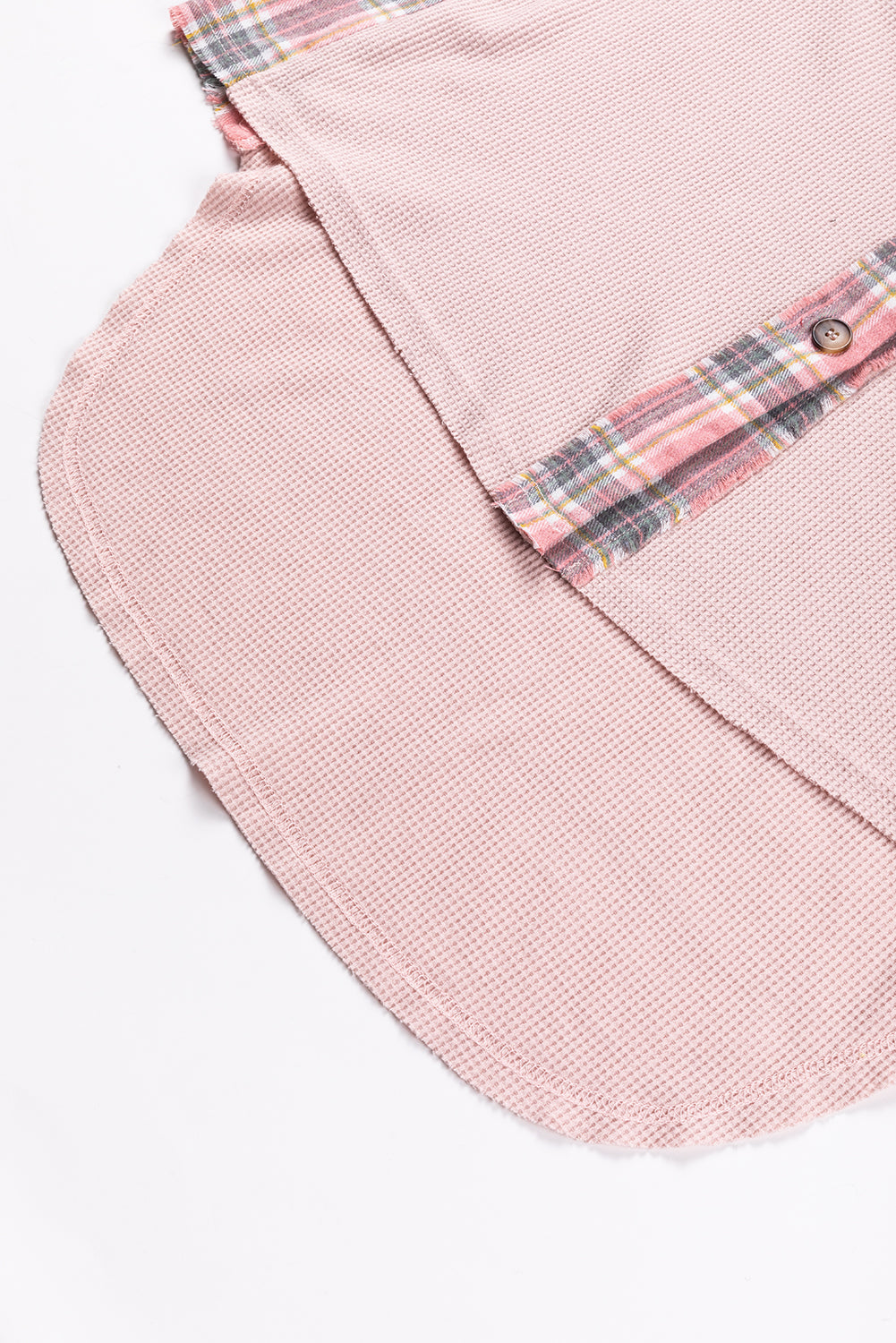 Apricot Pink Plaid Raw Edge High Low Waffle Knit Oversized Shacket