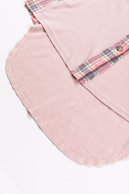 Apricot Pink Plaid Raw Edge High Low Waffle Knit Oversized Shacket