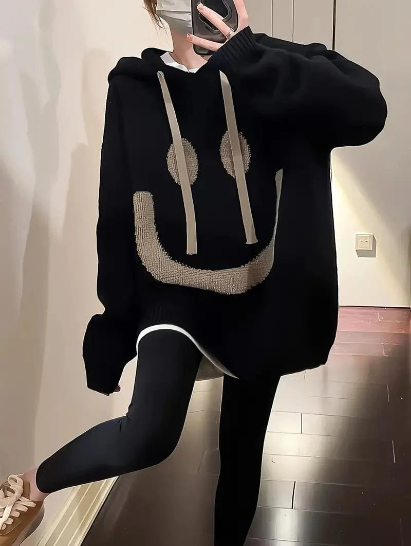 Happy Face Graphic Drawstring Hoodie, Relaxed Fit Long Sleeve Drop Shoulder Top, Women's Fashion