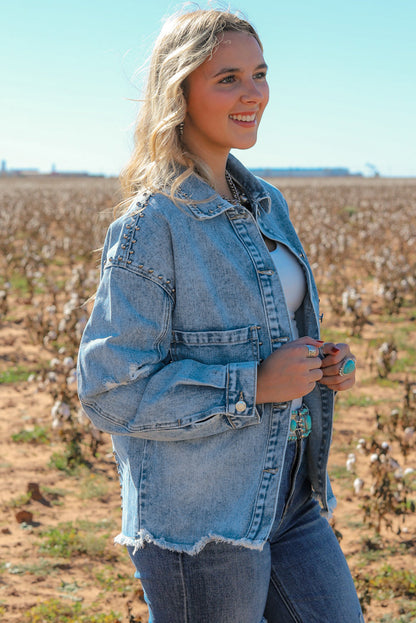 Sky Blue Studded Acid Wash Denim Jacket