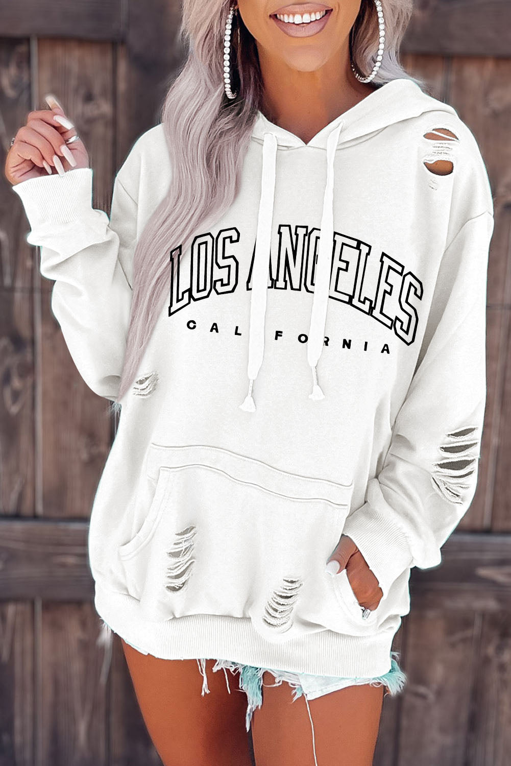 White LOS ANGELES Ripped Kangaroo Pocket Hoodie