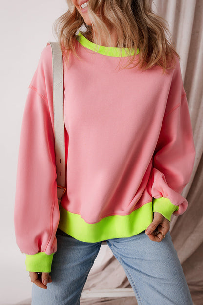 Pink Colorblock Bubble Sleeve Sweatshirt