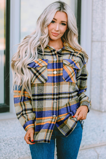 Blue Geometric Plaid Print Pocketed Shacket