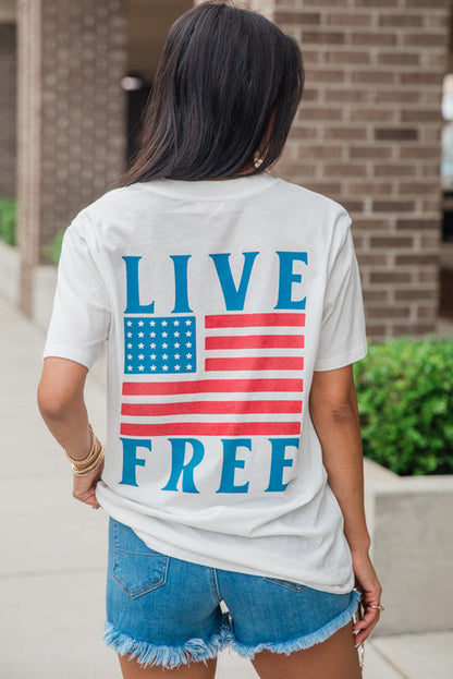 White Back American Flag LIVE FREE Graphic T Shirt