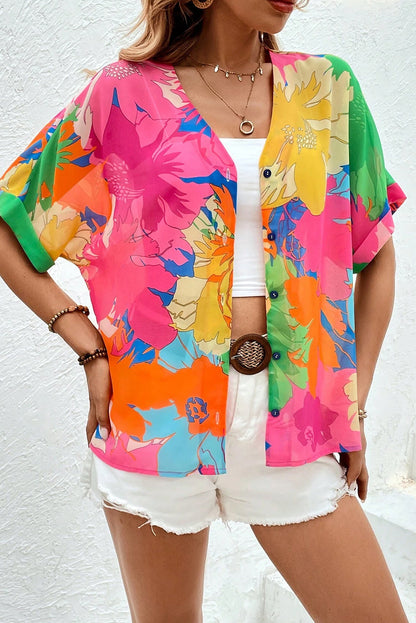 Multicolour Floral Print Folded Short Sleeve Shirt