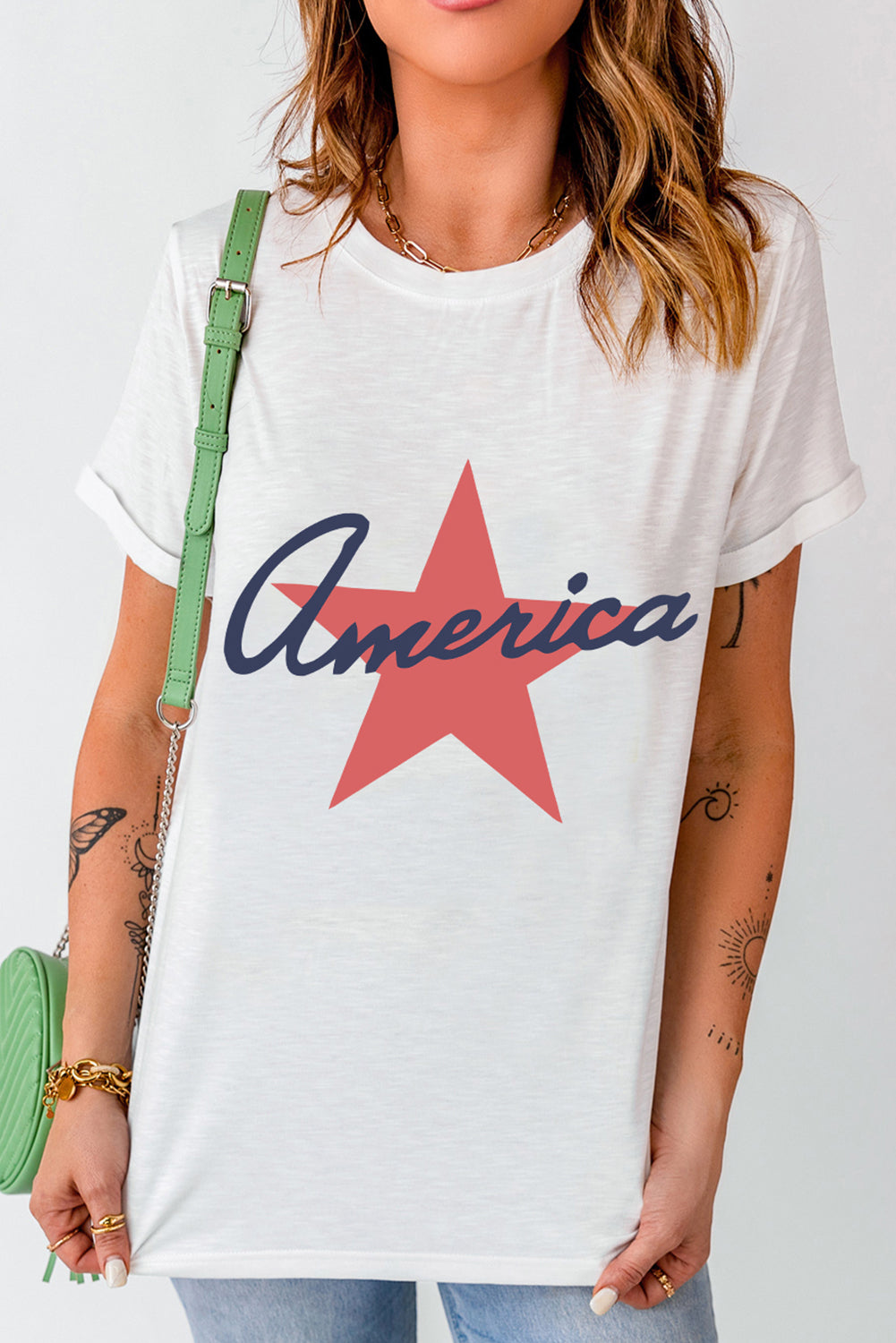 White America Star Shape Print O Neck Loose Fit T Shirt