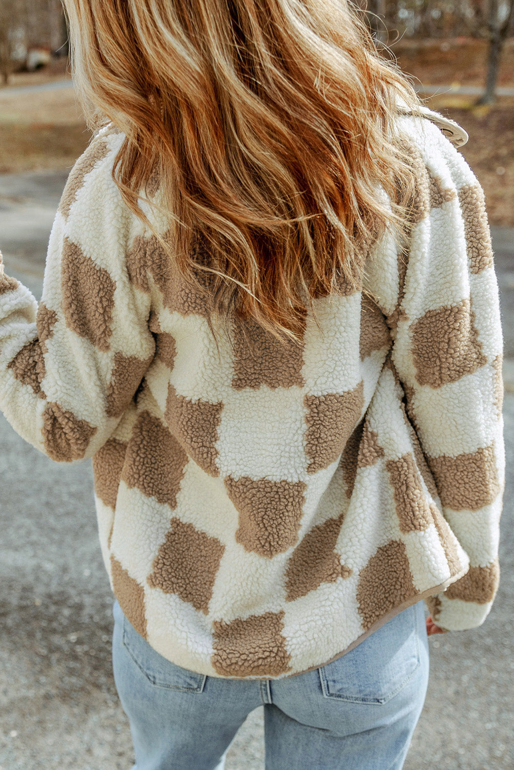 Brown Checked Snap Button Sherpa Jacket