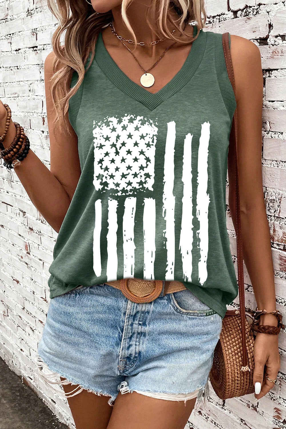 Mist Green Frayed American Flag Printed V Neck Tank Top