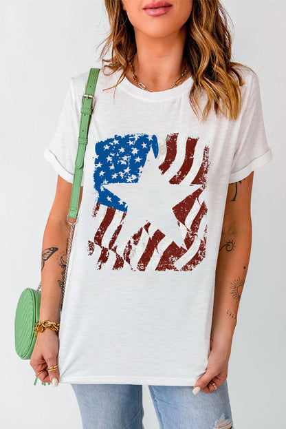 White American Flag Star Graphic Crew Neck T Shirt