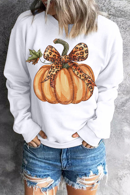 Beige Leopard Bowknot Pumpkin Graphic Crewneck Sweatshirt