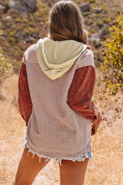 Color Block Button Down Hooded Corduroy Jacket