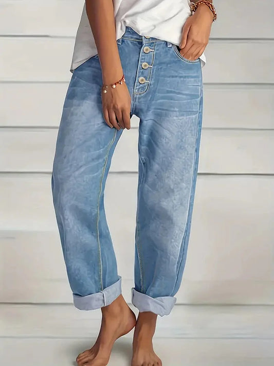 Versatile Blue Denim Pants with Slash Pockets and Button Closure, Women's Stylish Jeans