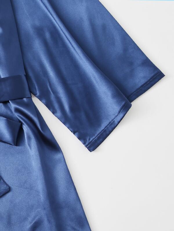 3pack Plus Contrast Lace Satin Lingerie Set & Robe - LuckyFash™