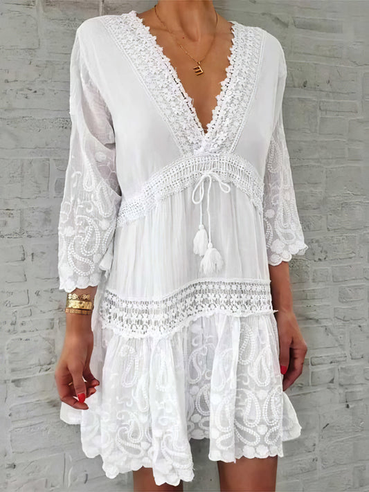 Chic V-neck Print Dress with 3/4 Sleeves and Hollow Design