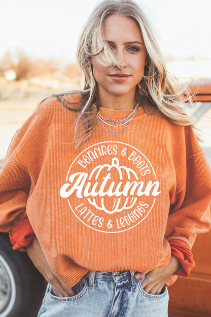 Orange Autumn Pumpkin Graphic Print Corded Oversized Sweatshirt