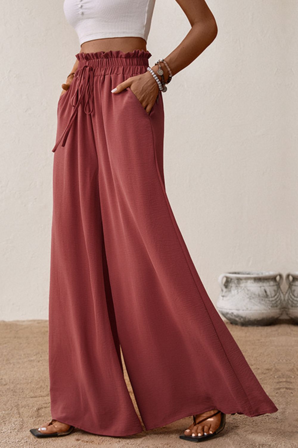 Smocked Paperbag Waist Wide Leg Pants