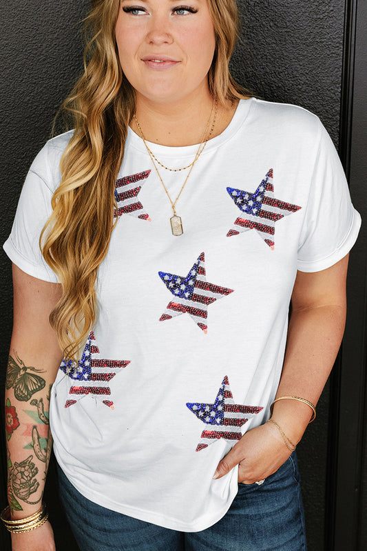 White Sequin American Flag Star Pattern Plus Size Tee