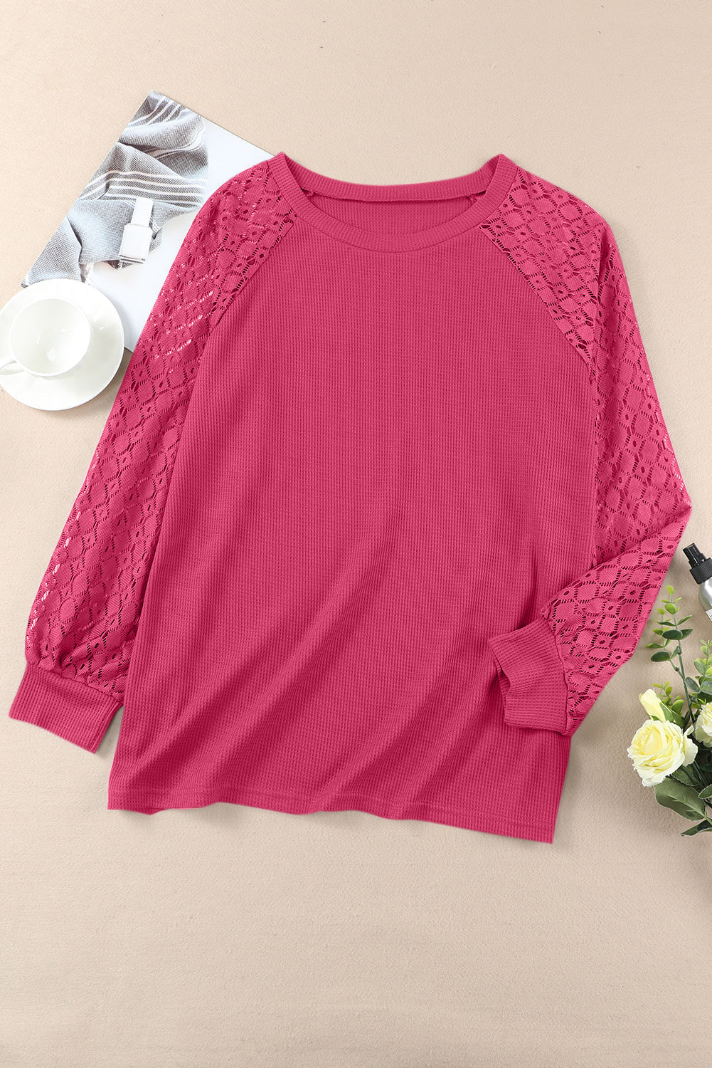 Strawberry Pink Eyelet Raglan Sleeve Drop Shoulder Plus Size Top