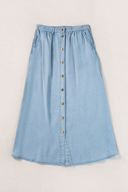 Buttoned Cotton and Linen High-Low A-Line Skirt