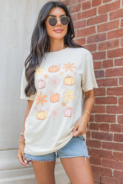 White Floral Pumpkin Graphic Crewneck Halloween T Shirt