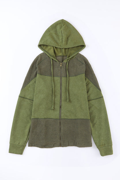 Green Waffle Patchwork Vintage Washed Hooded Jacket