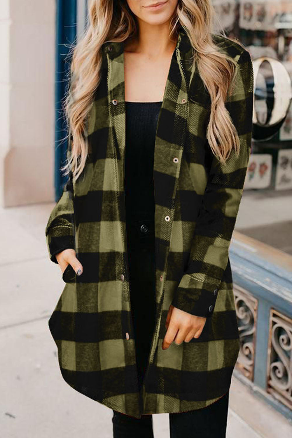 Lapel Collar Single Breasted Loose Plaid Wool Coat